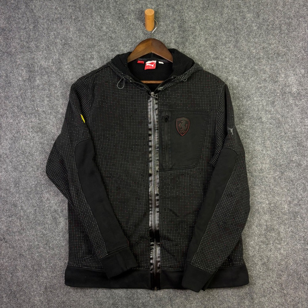 Puma Ferrari Zip Up Hoodie Mens Large Black Red Dot Pattern Track Jacket 0633